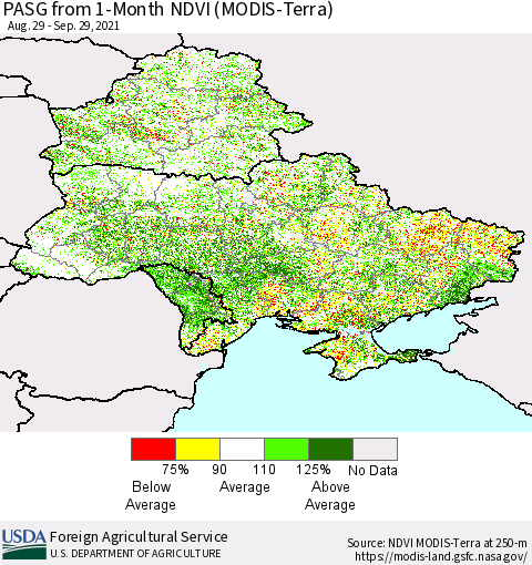 Ukraine, Moldova and Belarus PASG from 1-Month NDVI (Terra-MODIS) Thematic Map For 9/21/2021 - 9/30/2021