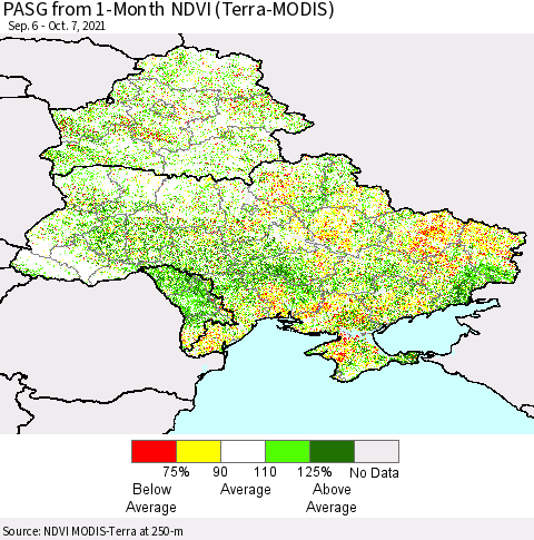 Ukraine, Moldova and Belarus PASG from 1-Month NDVI (Terra-MODIS) Thematic Map For 9/30/2021 - 10/7/2021