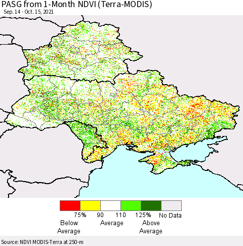 Ukraine, Moldova and Belarus PASG from 1-Month NDVI (Terra-MODIS) Thematic Map For 10/8/2021 - 10/15/2021