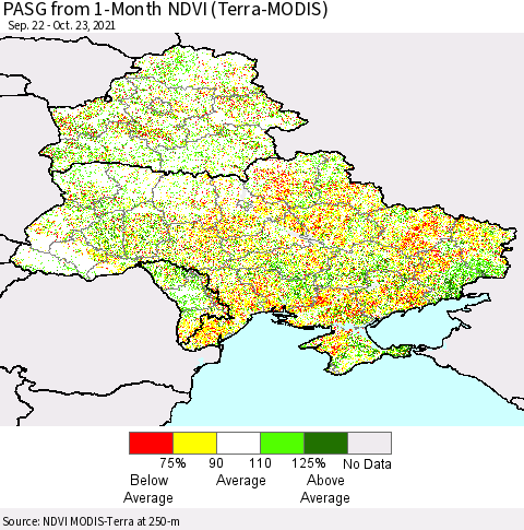 Ukraine, Moldova and Belarus PASG from 1-Month NDVI (Terra-MODIS) Thematic Map For 10/16/2021 - 10/23/2021