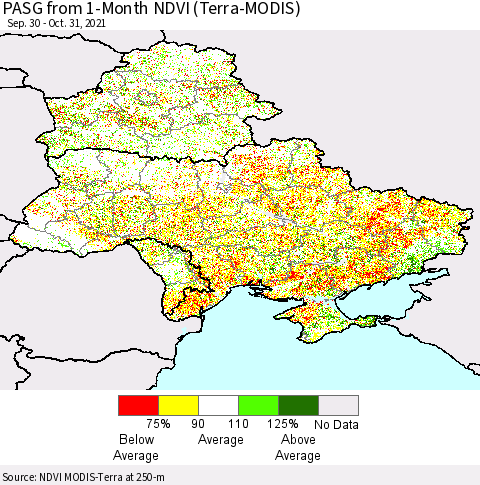 Ukraine, Moldova and Belarus PASG from 1-Month NDVI (Terra-MODIS) Thematic Map For 10/21/2021 - 10/31/2021