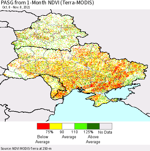 Ukraine, Moldova and Belarus PASG from 1-Month NDVI (Terra-MODIS) Thematic Map For 11/1/2021 - 11/8/2021