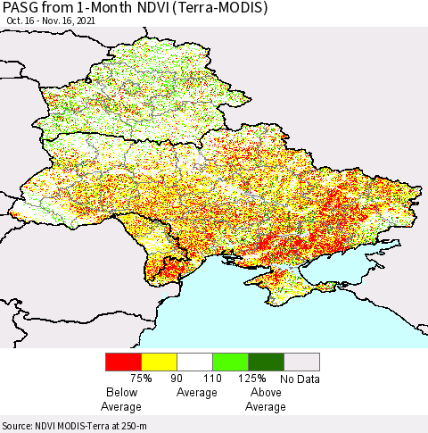 Ukraine, Moldova and Belarus PASG from 1-Month NDVI (Terra-MODIS) Thematic Map For 11/9/2021 - 11/16/2021