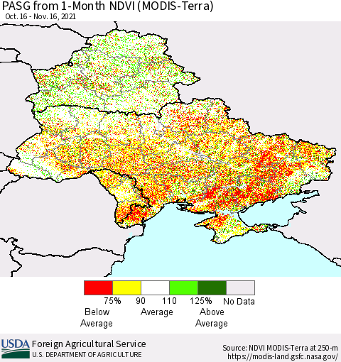 Ukraine, Moldova and Belarus PASG from 1-Month NDVI (Terra-MODIS) Thematic Map For 11/11/2021 - 11/20/2021