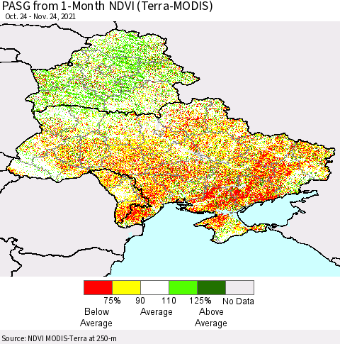 Ukraine, Moldova and Belarus PASG from 1-Month NDVI (Terra-MODIS) Thematic Map For 11/17/2021 - 11/24/2021