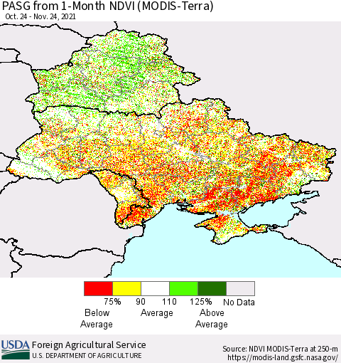 Ukraine, Moldova and Belarus PASG from 1-Month NDVI (Terra-MODIS) Thematic Map For 11/21/2021 - 11/30/2021