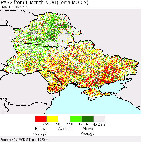 Ukraine, Moldova and Belarus PASG from 1-Month NDVI (Terra-MODIS) Thematic Map For 11/25/2021 - 12/2/2021