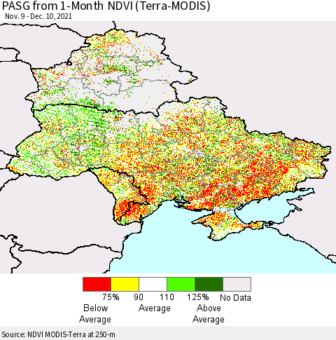 Ukraine, Moldova and Belarus PASG from 1-Month NDVI (Terra-MODIS) Thematic Map For 12/3/2021 - 12/10/2021