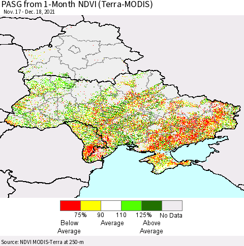 Ukraine, Moldova and Belarus PASG from 1-Month NDVI (Terra-MODIS) Thematic Map For 12/11/2021 - 12/18/2021