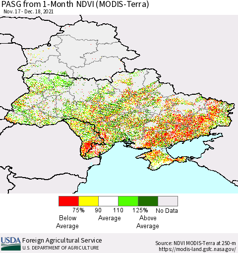 Ukraine, Moldova and Belarus PASG from 1-Month NDVI (Terra-MODIS) Thematic Map For 12/11/2021 - 12/20/2021