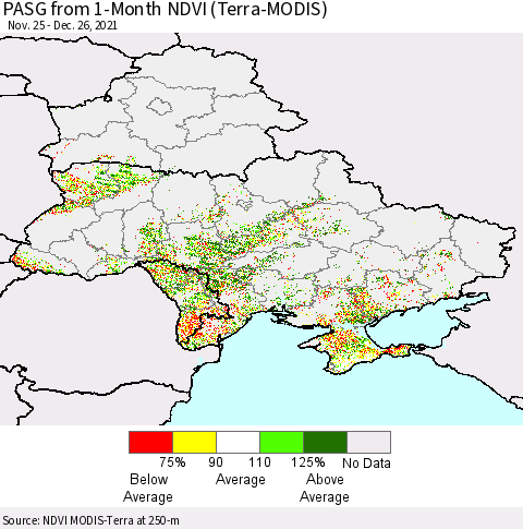 Ukraine, Moldova and Belarus PASG from 1-Month NDVI (Terra-MODIS) Thematic Map For 12/19/2021 - 12/26/2021