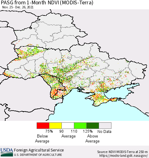 Ukraine, Moldova and Belarus PASG from 1-Month NDVI (Terra-MODIS) Thematic Map For 12/21/2021 - 12/31/2021