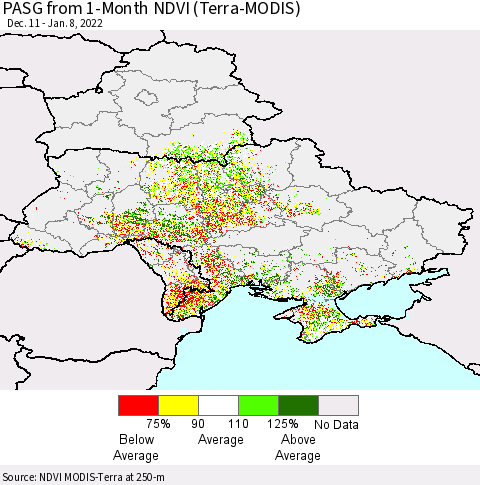 Ukraine, Moldova and Belarus PASG from 1-Month NDVI (Terra-MODIS) Thematic Map For 1/1/2022 - 1/8/2022