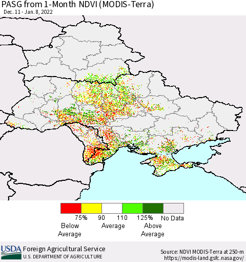 Ukraine, Moldova and Belarus PASG from 1-Month NDVI (Terra-MODIS) Thematic Map For 1/1/2022 - 1/10/2022