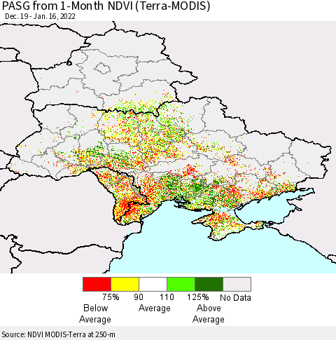 Ukraine, Moldova and Belarus PASG from 1-Month NDVI (Terra-MODIS) Thematic Map For 1/9/2022 - 1/16/2022