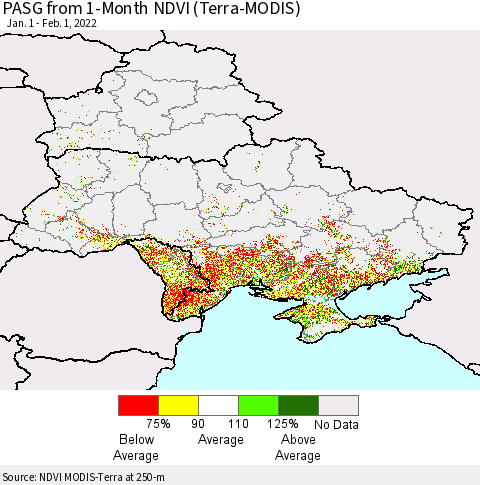 Ukraine, Moldova and Belarus PASG from 1-Month NDVI (Terra-MODIS) Thematic Map For 1/25/2022 - 2/1/2022