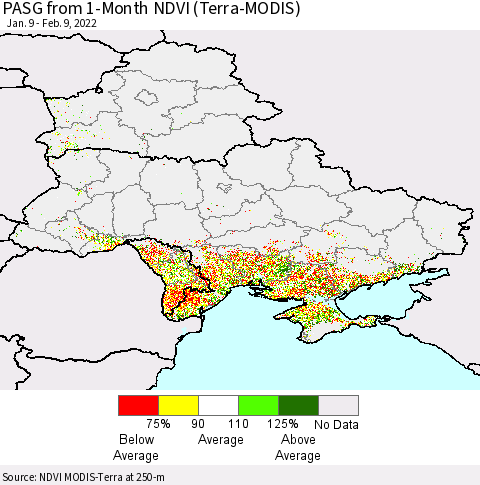 Ukraine, Moldova and Belarus PASG from 1-Month NDVI (Terra-MODIS) Thematic Map For 2/2/2022 - 2/9/2022