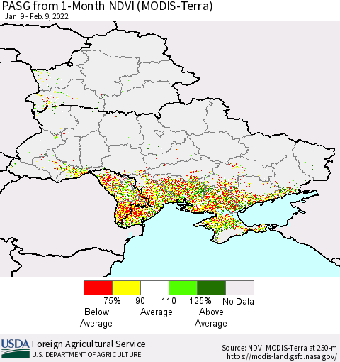 Ukraine, Moldova and Belarus PASG from 1-Month NDVI (Terra-MODIS) Thematic Map For 2/1/2022 - 2/10/2022