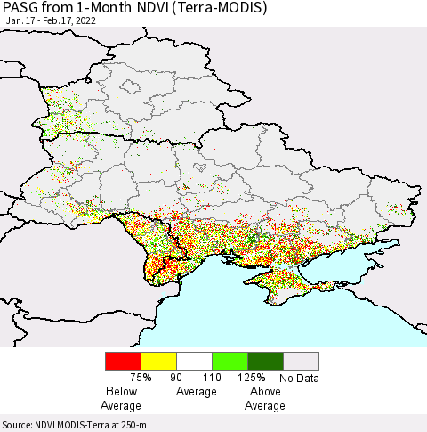 Ukraine, Moldova and Belarus PASG from 1-Month NDVI (Terra-MODIS) Thematic Map For 2/10/2022 - 2/17/2022
