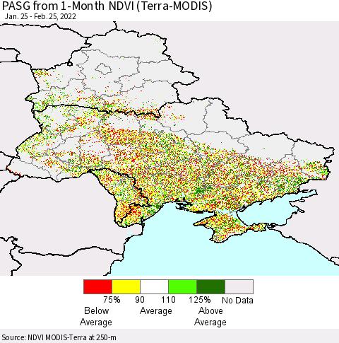 Ukraine, Moldova and Belarus PASG from 1-Month NDVI (Terra-MODIS) Thematic Map For 2/18/2022 - 2/25/2022