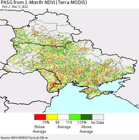 Ukraine, Moldova and Belarus PASG from 1-Month NDVI (Terra-MODIS) Thematic Map For 2/26/2022 - 3/5/2022
