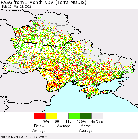 Ukraine, Moldova and Belarus PASG from 1-Month NDVI (Terra-MODIS) Thematic Map For 3/6/2022 - 3/13/2022