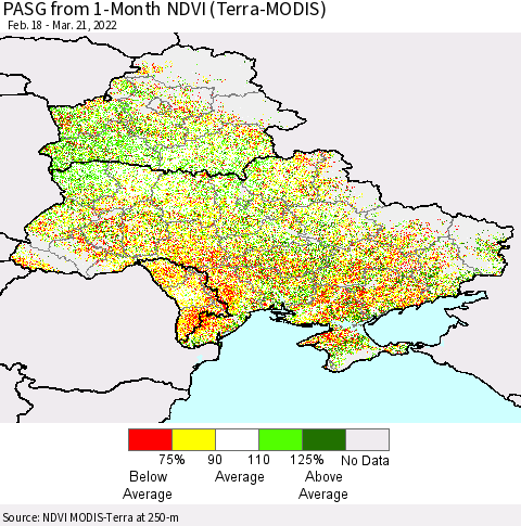 Ukraine, Moldova and Belarus PASG from 1-Month NDVI (Terra-MODIS) Thematic Map For 3/14/2022 - 3/21/2022