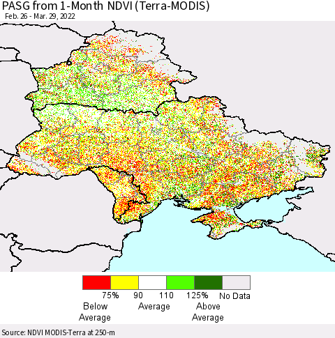 Ukraine, Moldova and Belarus PASG from 1-Month NDVI (Terra-MODIS) Thematic Map For 3/22/2022 - 3/29/2022