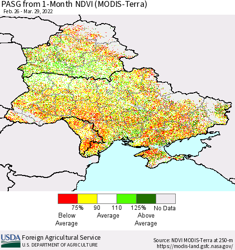 Ukraine, Moldova and Belarus PASG from 1-Month NDVI (Terra-MODIS) Thematic Map For 3/21/2022 - 3/31/2022