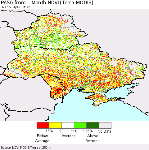 Ukraine, Moldova and Belarus PASG from 1-Month NDVI (Terra-MODIS) Thematic Map For 3/30/2022 - 4/6/2022