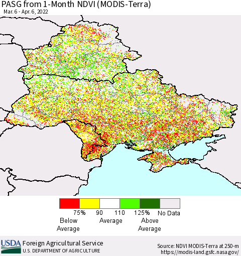Ukraine, Moldova and Belarus PASG from 1-Month NDVI (Terra-MODIS) Thematic Map For 4/1/2022 - 4/10/2022