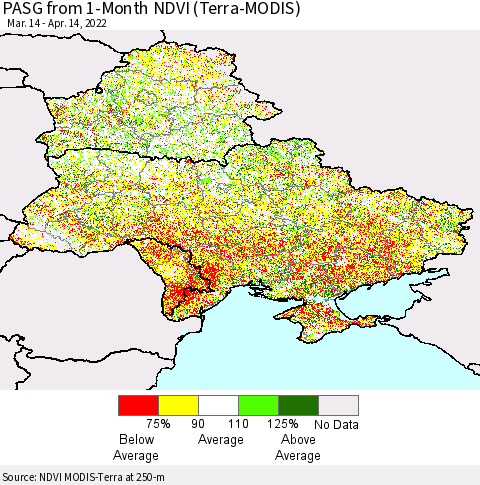 Ukraine, Moldova and Belarus PASG from 1-Month NDVI (Terra-MODIS) Thematic Map For 4/7/2022 - 4/14/2022