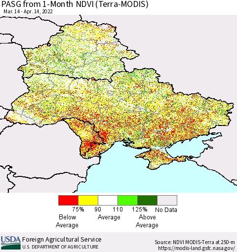 Ukraine, Moldova and Belarus PASG from 1-Month NDVI (Terra-MODIS) Thematic Map For 4/11/2022 - 4/20/2022