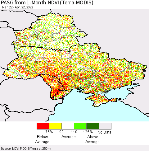 Ukraine, Moldova and Belarus PASG from 1-Month NDVI (Terra-MODIS) Thematic Map For 4/15/2022 - 4/22/2022