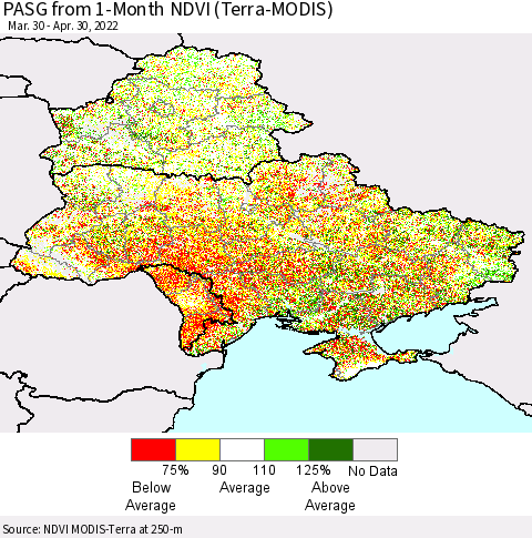 Ukraine, Moldova and Belarus PASG from 1-Month NDVI (Terra-MODIS) Thematic Map For 4/21/2022 - 4/30/2022
