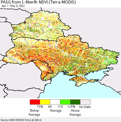 Ukraine, Moldova and Belarus PASG from 1-Month NDVI (Terra-MODIS) Thematic Map For 5/1/2022 - 5/8/2022
