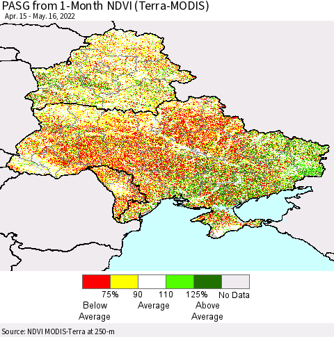 Ukraine, Moldova and Belarus PASG from 1-Month NDVI (Terra-MODIS) Thematic Map For 5/9/2022 - 5/16/2022