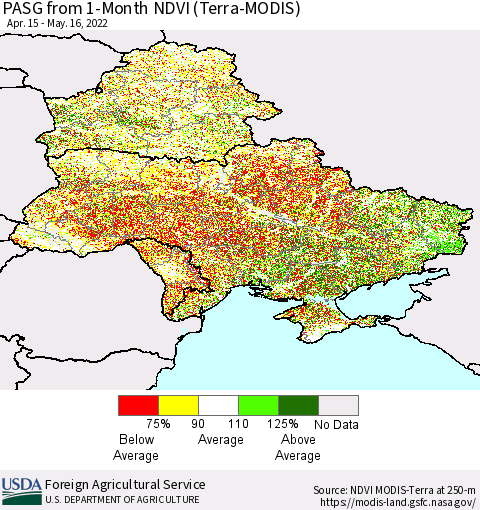 Ukraine, Moldova and Belarus PASG from 1-Month NDVI (Terra-MODIS) Thematic Map For 5/11/2022 - 5/20/2022