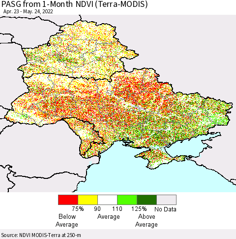 Ukraine, Moldova and Belarus PASG from 1-Month NDVI (Terra-MODIS) Thematic Map For 5/17/2022 - 5/24/2022