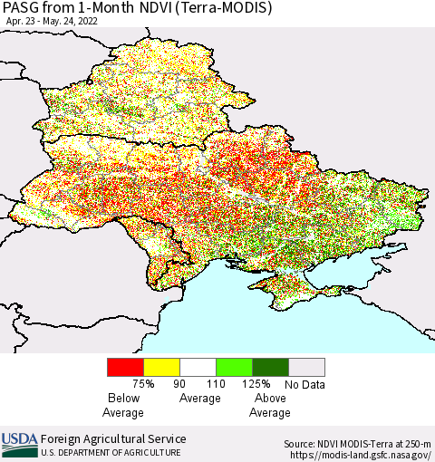 Ukraine, Moldova and Belarus PASG from 1-Month NDVI (Terra-MODIS) Thematic Map For 5/21/2022 - 5/31/2022