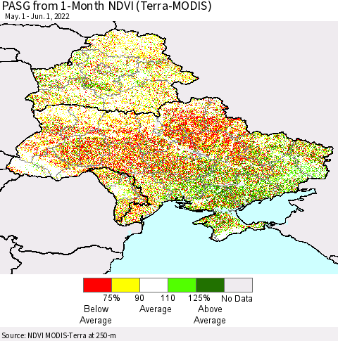 Ukraine, Moldova and Belarus PASG from 1-Month NDVI (Terra-MODIS) Thematic Map For 5/25/2022 - 6/1/2022