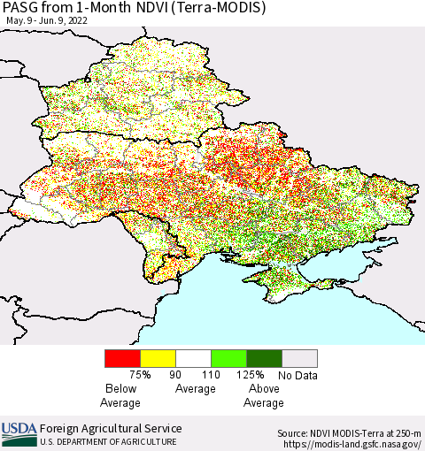 Ukraine, Moldova and Belarus PASG from 1-Month NDVI (Terra-MODIS) Thematic Map For 6/1/2022 - 6/10/2022