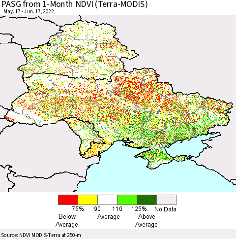 Ukraine, Moldova and Belarus PASG from 1-Month NDVI (Terra-MODIS) Thematic Map For 6/10/2022 - 6/17/2022