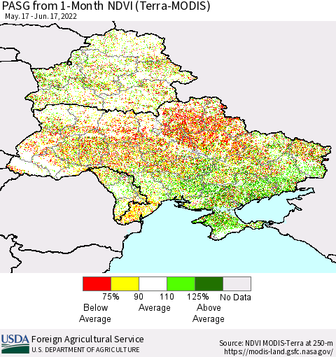 Ukraine, Moldova and Belarus PASG from 1-Month NDVI (Terra-MODIS) Thematic Map For 6/11/2022 - 6/20/2022