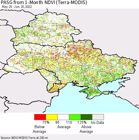 Ukraine, Moldova and Belarus PASG from 1-Month NDVI (Terra-MODIS) Thematic Map For 6/18/2022 - 6/25/2022