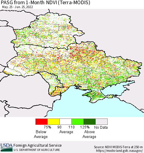 Ukraine, Moldova and Belarus PASG from 1-Month NDVI (Terra-MODIS) Thematic Map For 6/21/2022 - 6/30/2022