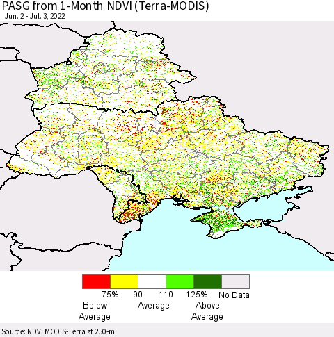 Ukraine, Moldova and Belarus PASG from 1-Month NDVI (Terra-MODIS) Thematic Map For 6/26/2022 - 7/3/2022