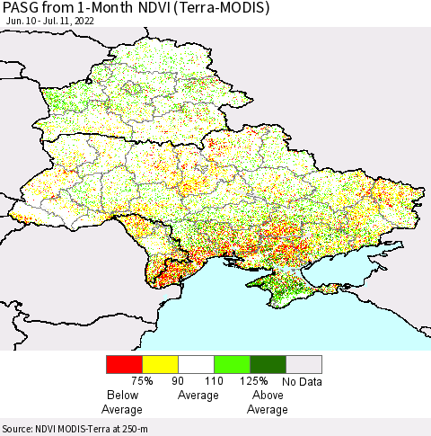 Ukraine, Moldova and Belarus PASG from 1-Month NDVI (Terra-MODIS) Thematic Map For 7/4/2022 - 7/11/2022