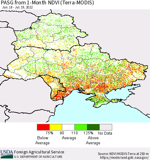 Ukraine, Moldova and Belarus PASG from 1-Month NDVI (Terra-MODIS) Thematic Map For 7/11/2022 - 7/20/2022