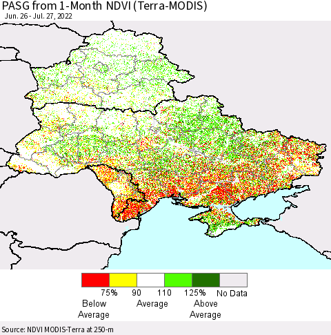 Ukraine, Moldova and Belarus PASG from 1-Month NDVI (Terra-MODIS) Thematic Map For 7/20/2022 - 7/27/2022